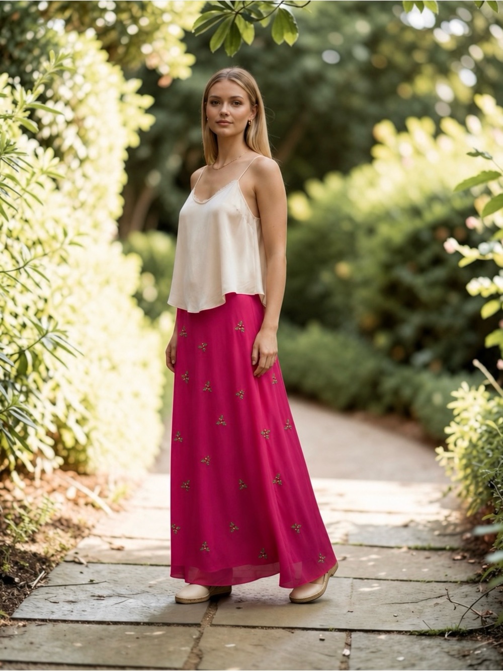 Boden Fuchsia Pink Cottagecore Embroidered 100% Silk Maxi Skirt S 12L - Picture 2 of 7
